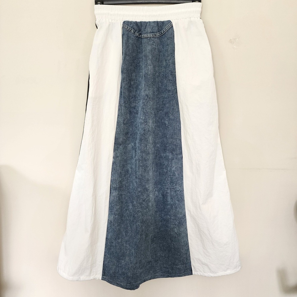Denim and Track Stripe Mixed Media Maxi Skirt Blue White Sporty Streetwear - Picture 2 of 6